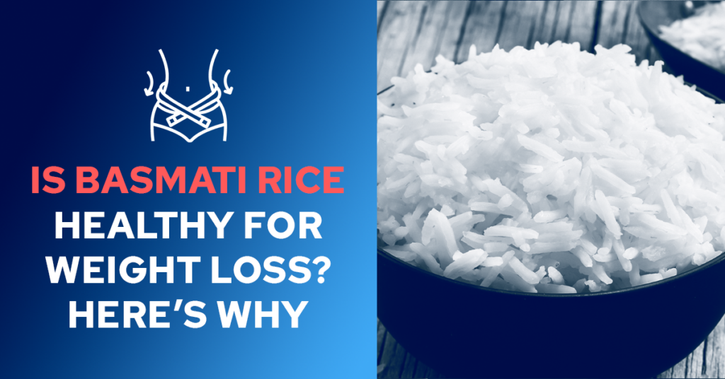 A bowl of basmati rice with a headline questioning its health benefits for weight loss.