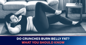 Woman performing crunches with text overlay questioning the effectiveness of the exercise for burning belly fat.