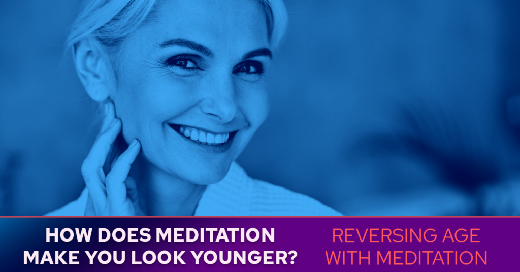 A smiling woman with text discussing the potential anti-aging effects of meditation.